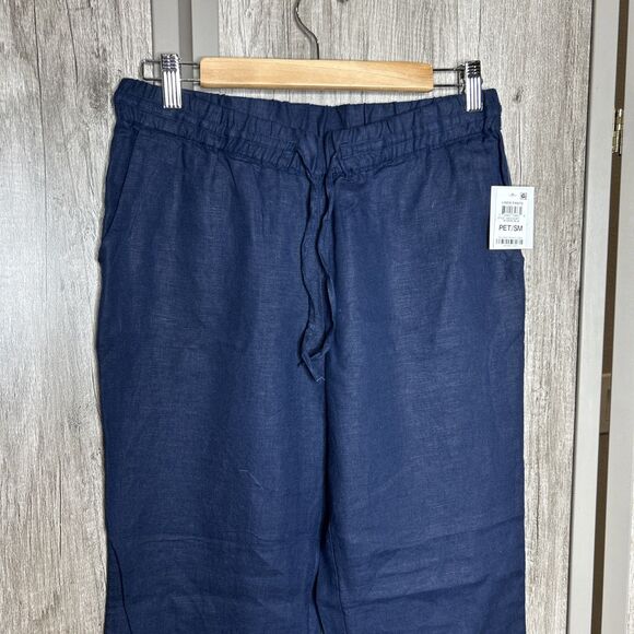 Charter Club Linen Pants Small Petite Navy Blue Pull On Straight Pockets - Picture 2 of 6